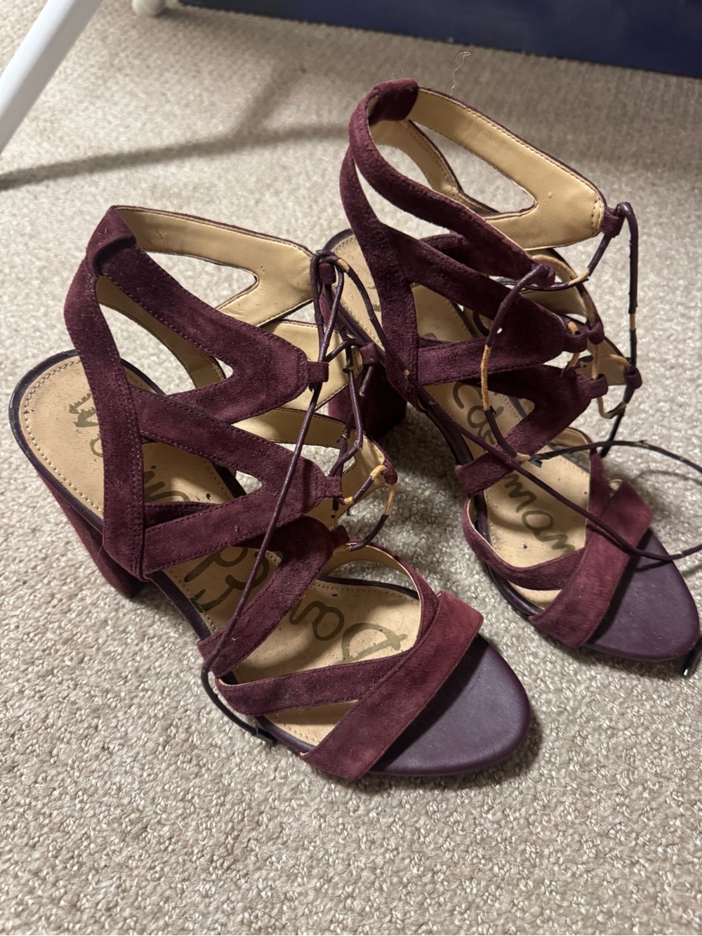 Sam Edelman Burgundy Suede Lace-Up Block Heel Sandals